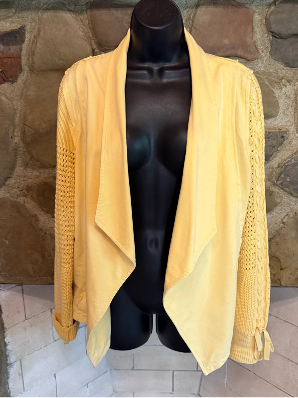Yellow Waterfall Draped Open Front Cardigan Crochet Knit Sleeves Lace Up Cuffs M